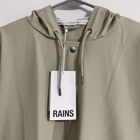 Rains Jacket Unisex Women's Men's L Cement Snap Front Short Hooded Coat NEW - Picture 2 of 16